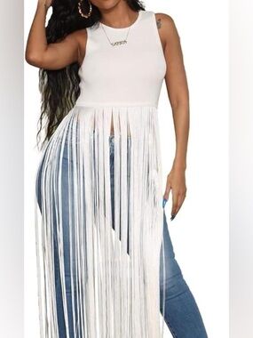 Rehab White Sleeveless tank with long tassels medium